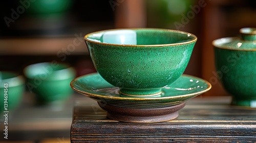 Vibrant emerald green teacup and saucer set on dark wood