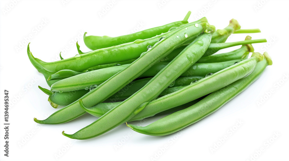 Several fresh green beans with water droplets, placed slightly to the left bottom corner, on a clean white background Several fresh green beans with water droplets, placed slightly to the left bottom corner, on a clean white background