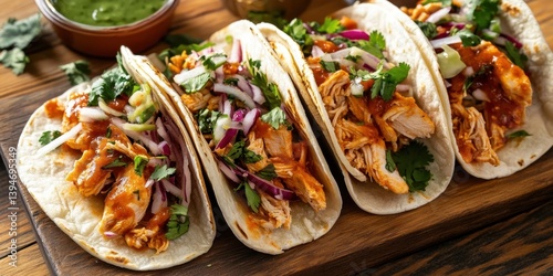 Delicious chicken tacos with fresh vegetables and cilantro garnish Chicken Tinga Tacos.