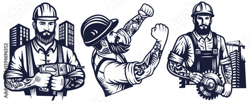 Set with builder in helmet with power tools in hands for workshop. Silhouette workers with tools for construction, carpentry and build, repair work