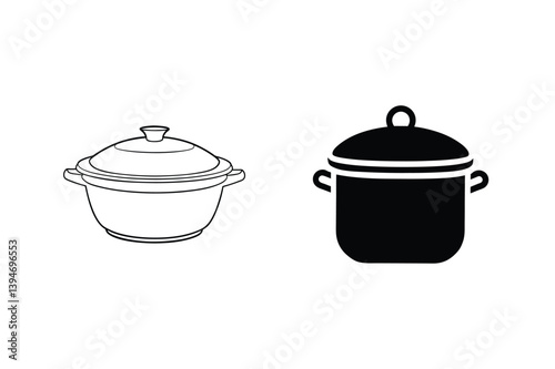 Stockpot With Lid Line Art And Silhouette On White Background