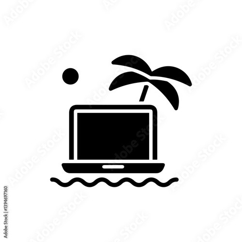 Black Icon of Laptop on Beach Under Palm Tree