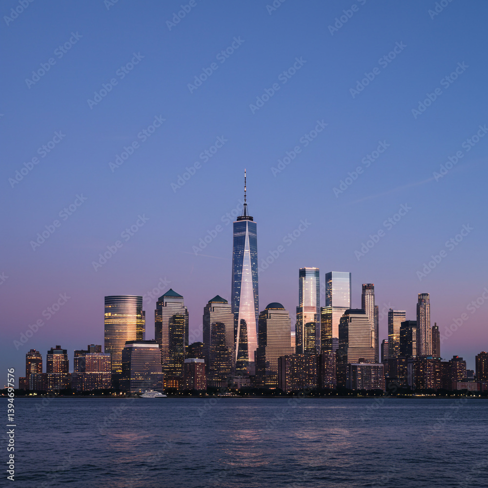 Fototapeta premium Captivating New York City Skyline at Dusk Bathed in Golden Hour Light