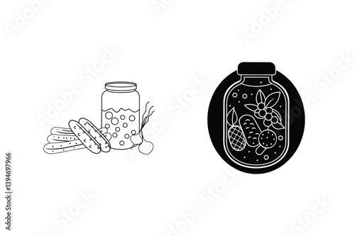 Pickled Vegetables In Jar Linear Vector Illustration Food Preservation Concept
