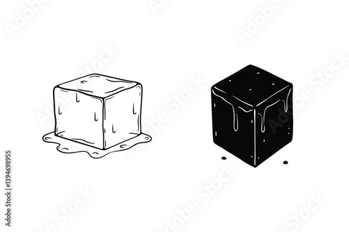 Hand Drawn Ice Cube Illustration In White And Black Monochrome Style
