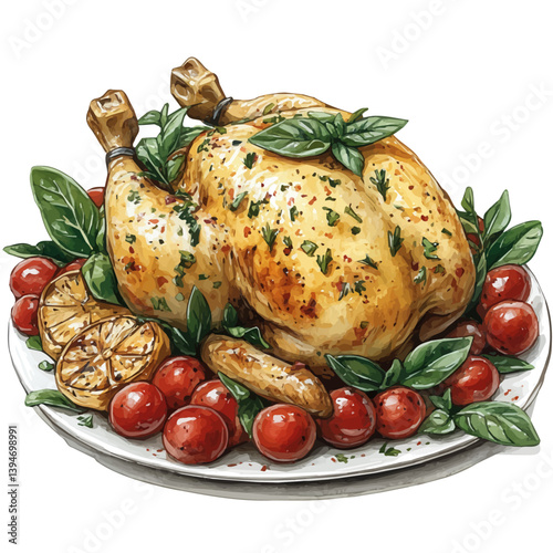 Chicken Adobo, watercolor illustration, isolated on a white background.

