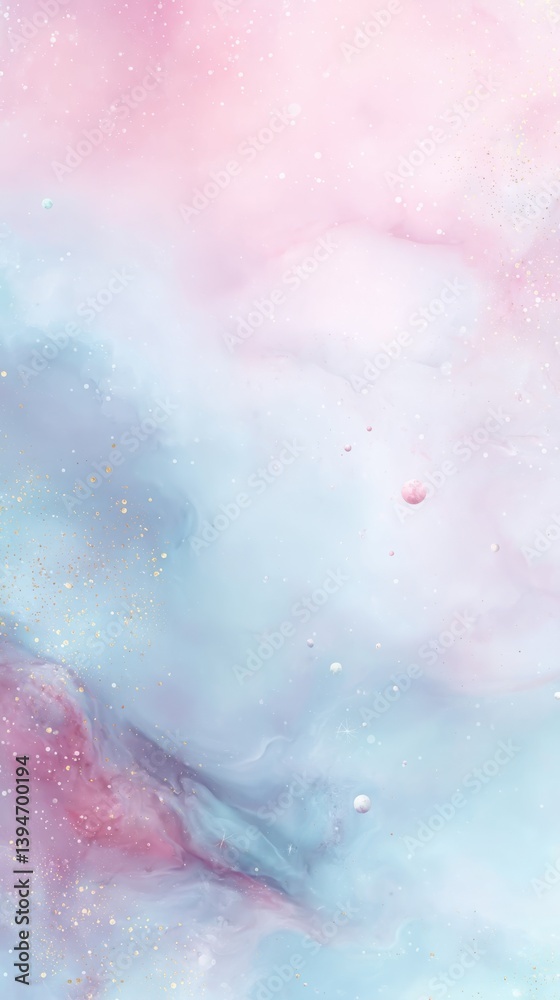 Fototapeta premium Celestial swirl with ivory clouds soft watercolor layers in pastel pink and blue tones and sparkly gold specks floating in luminous cosmic mist