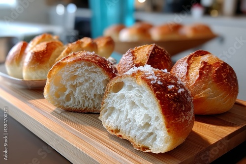 Pan sourdough cortado por la mitad mostrando su miga suave y aireada en una tabla de madera