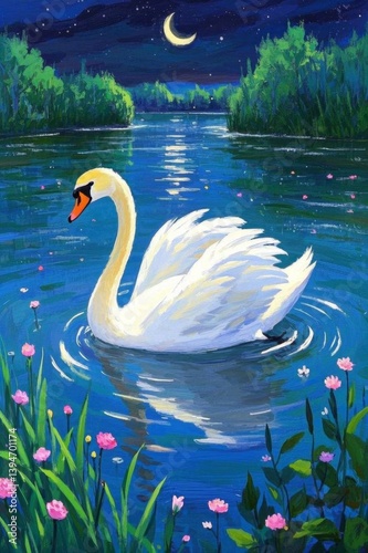 a painting of a swan floating in a lake at night