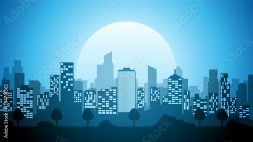 Cityscape of skyline building in the downtown. Scenery of the city landscape with apartment and skyscrapers architecture. Vector illustration of a scenic cloudscape over the city with office buildings