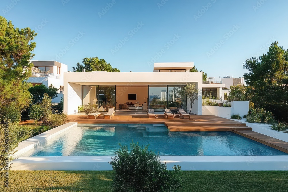 Obraz premium Minimalist Modern Villa with Swimming Pool and Outdoor Deck in Sunny Portugal