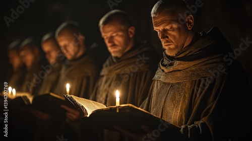 Monks studying by candlelight