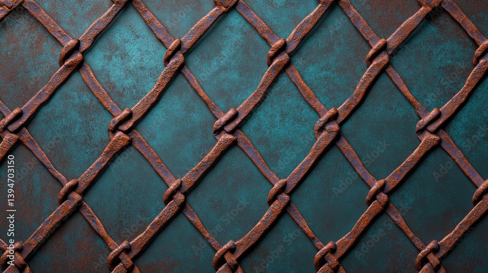 Fototapeta premium Rustic Metal Latticework on Teal Background - A textured symbolizing security, craftsmanship, aged beauty, intricate detail, and industrial design