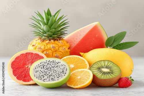 Colorful Assortment of Fresh Tropical and Citrus Fruits on a Light Gray Surface