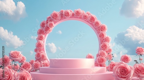 3D Cosmetic Display Stand with Rose Flowers in a Soft Garden Background