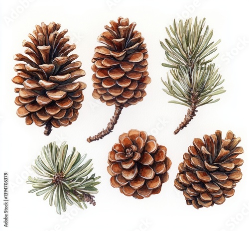 Watercolor Illustration of Pine Cones and Larch, Botanical Art for Nature Decor