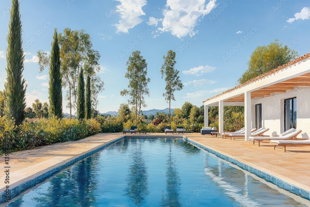 Fototapeta premium Tranquil Poolside Villa with Garden and Modern Design