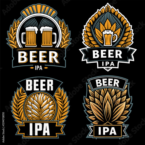 Vintage craft beer logo set featuring frothy mugs, golden hop cones, and wheat stalks for beer industry and brewery branding and handcrafted brews. Beer emblem for bar