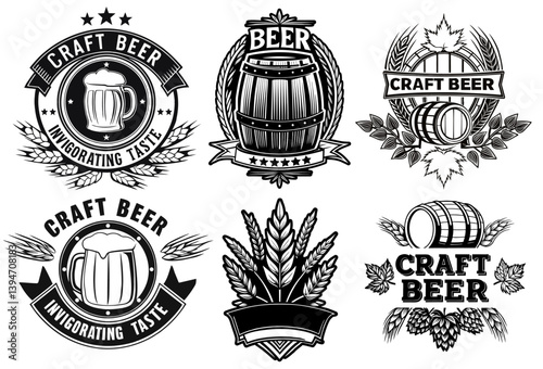Craft beer logo set with wooden barrels and hops for brewery branding and handcrafted brews. Beer emblem for bar