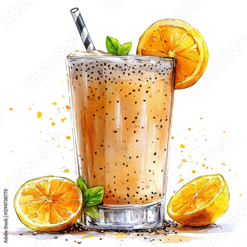 Chia Seed Pudding, watercolor illustration, isolated on a white background.

