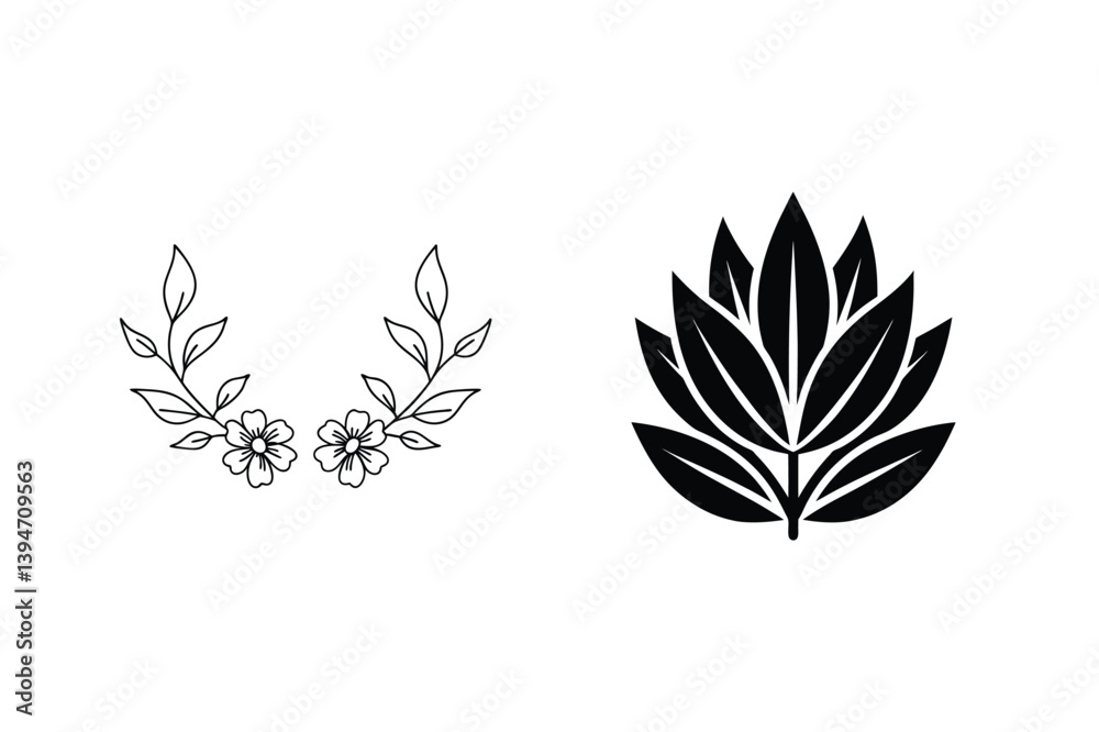 Fototapeta premium Floral Wreath With Flowers And Leafy Foliage In Minimalist Black And White Design