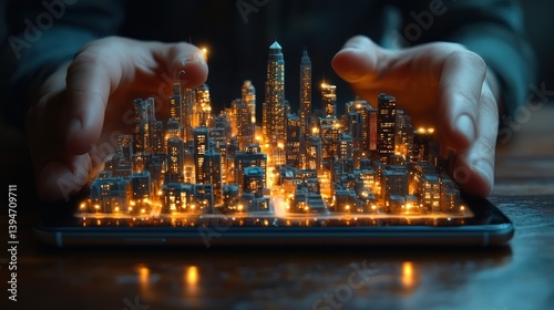 Night Cityscape on a Tablet: A Futuristic Urban Model