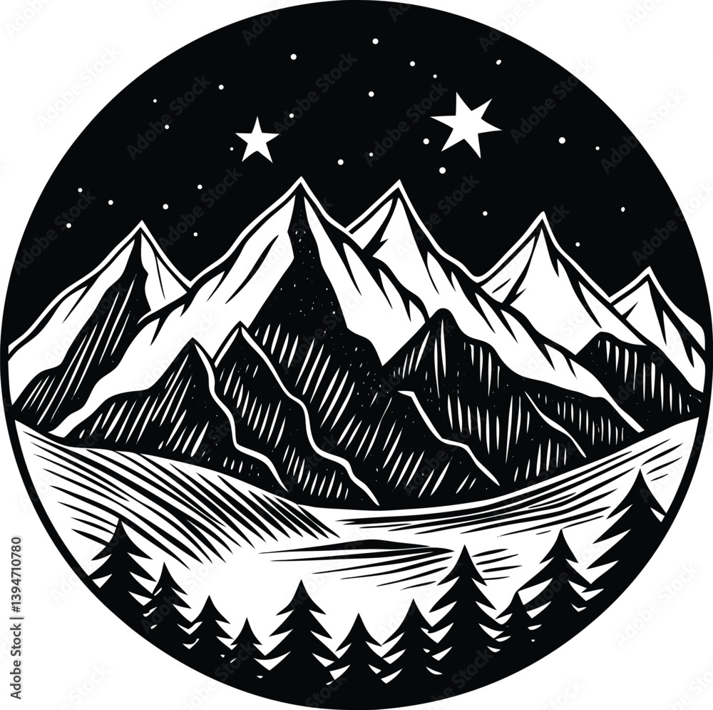 Obraz premium Hand Drawn Mountain Range Silhouette Vector Art