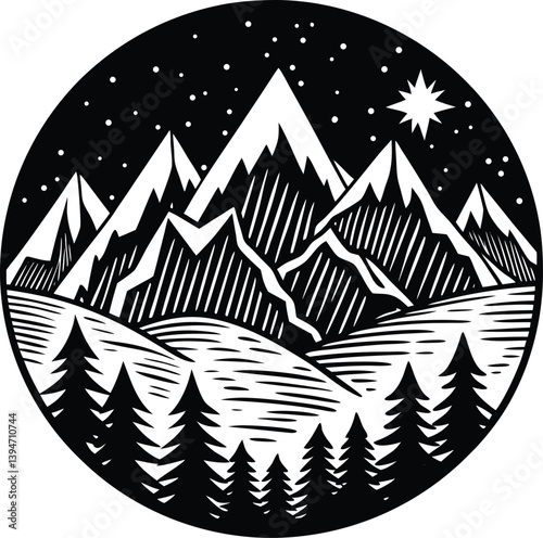 Black and White Mountain Silhouette Drawing