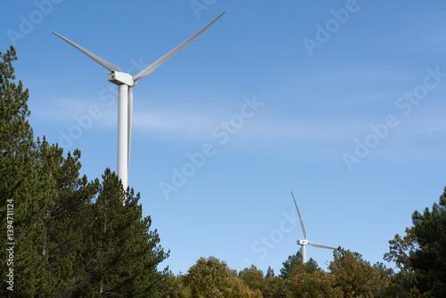 Wind turbines generating clean energy over forest and blue sky