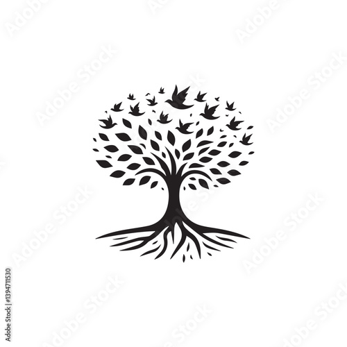 A tree logo with birds flying with white background 