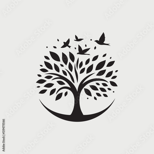 A tree logo with birds flying with white background 