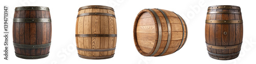 Wooden Barrels with Metal Bands in Various Styles Isolated on Transparent Background PNG photo