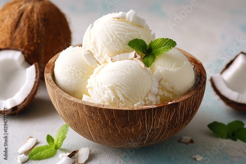 Non-dairy coconut milk sorbet in bowl, vegan tropical dessert for summer refreshment photo