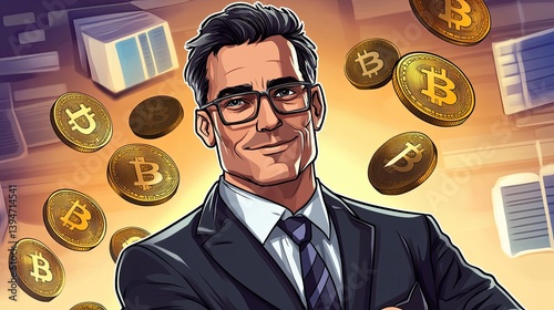 Confident businessman in crypto background. photo