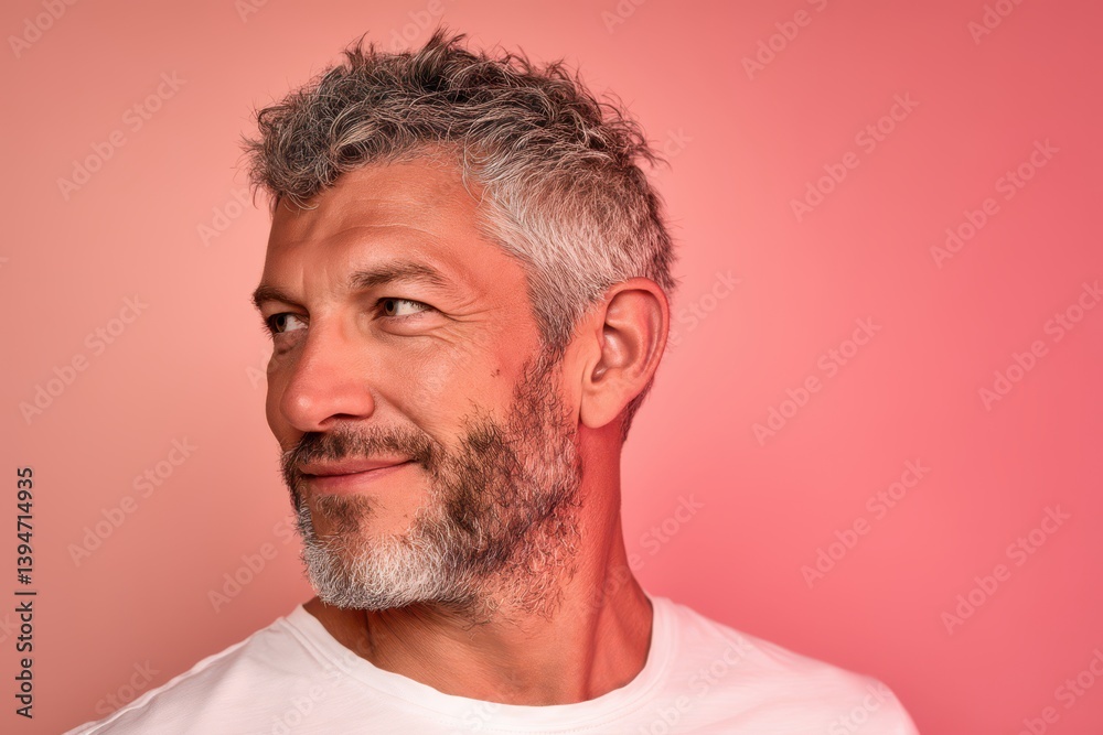 Obraz premium Portrait of a handsome man with gray hair and a short beard, wearing a white t-shirt and smiling