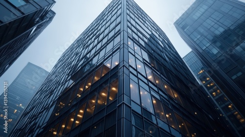 Wallpaper Mural Modern Urban Skyscraper with Glass Facade in Foggy Cityscape During Dusk and Night Lighting Effects Torontodigital.ca