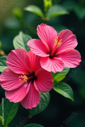 Two vibrant pink hibiscus blossoms, close-up view, soft, flora