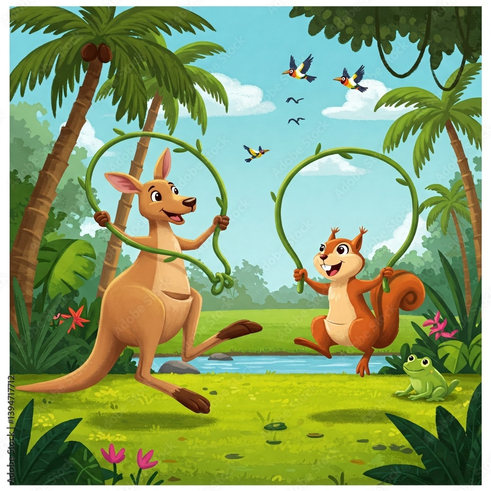 Fototapeta premium Cartoon kangaroo and squirrel jump rope using jungle vines, giggling under palm trees as birds fly overhead and frogs sing beside water.
