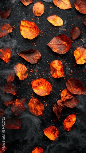 Autumn leaves scatter across a dark surface with rising smoke and vibrant colors