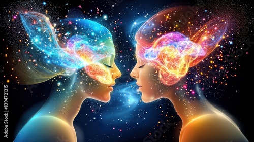 Emotional connection between two figures cosmic universe digital art surreal environment close-up view visual representation