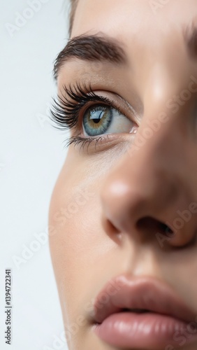 Close Up of a Woman's Eye and Face in Profile View, white background