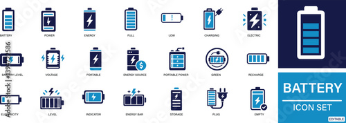 Battery icon set . Battery, Charge, Power, Energy, You can easily change the color.