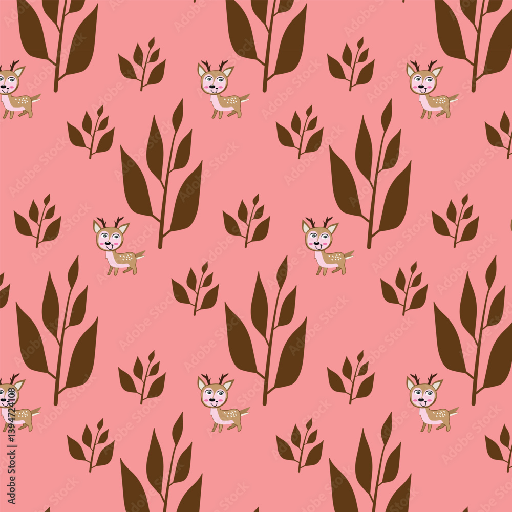 seamless pattern with leaves and deer seamless pattern with leaves and deer