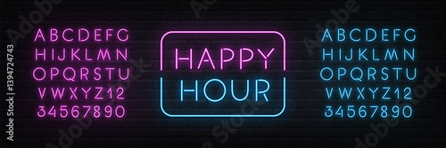 Happy Hour neon sign on brick wall background.