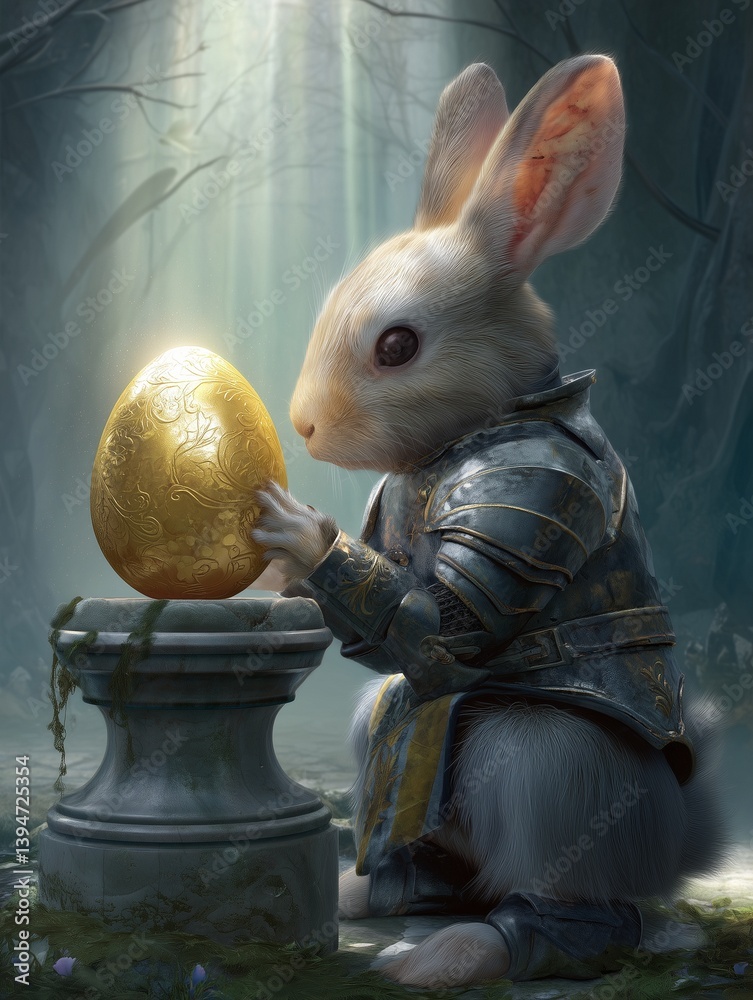 Fototapeta premium rabbit knight kneeling before glowing golden easter egg on stone pedestal in misty forest