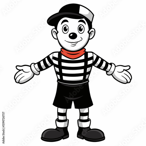 A 27-year-old French mime cartoon character in T-pose, dressed in black and white stripes, beret, gloves, and suspenders, full turnaround views.

