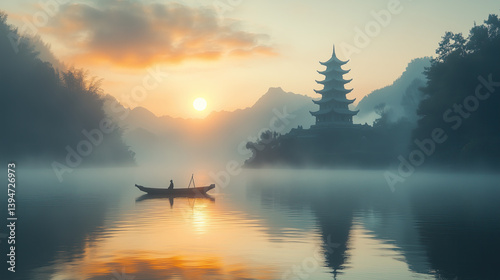 A solitary boatman serenely glides across a misty lake towards a majestic pagoda at sunrise, painting a tranquil scene of Asian serenity in soft, golden light.