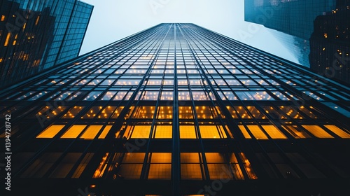 Wallpaper Mural A sleek skyscraper glowing in the twilight with reflections of the city lights below pic Torontodigital.ca