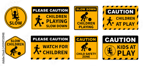 Caution Children Playing Sign Vector Set. Editable Warning Signs with Kids Icons and text