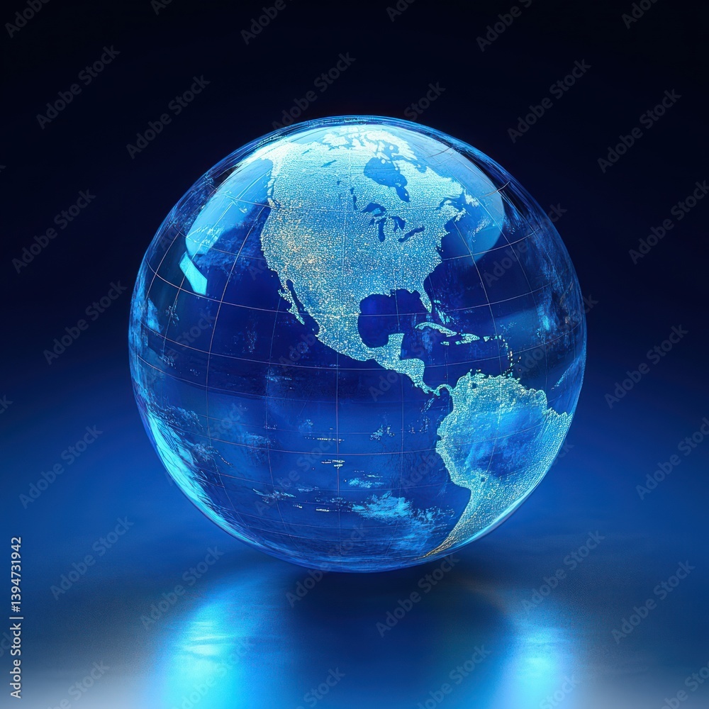 Translucent Blue Globe of North America Illuminated on Minimalistic Background Translucent Blue Globe of North America Illuminated on Minimalistic Background